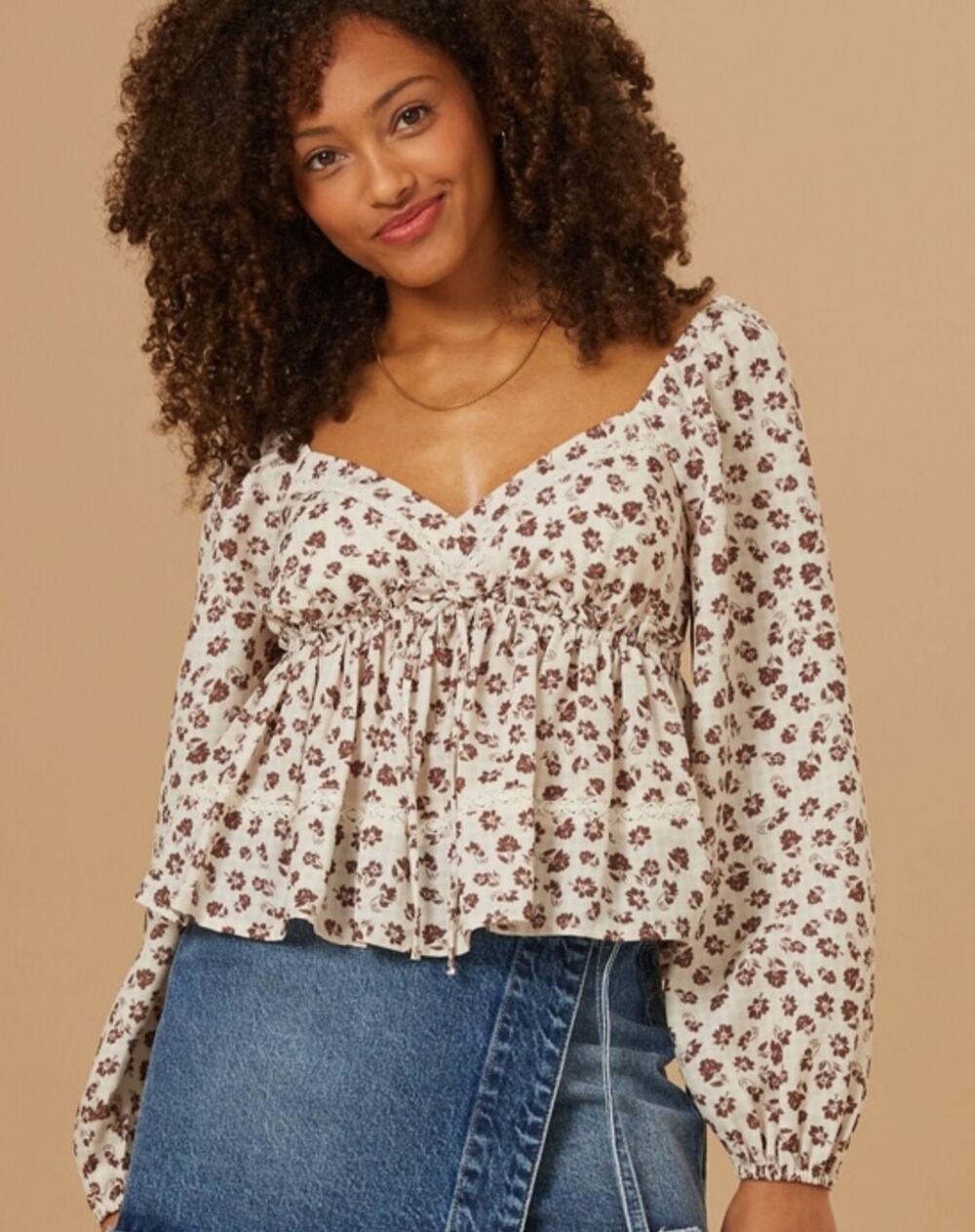 Altar'd State Emerly Floral Cream Brown Crop Flowy Large Cottagecore Boho
